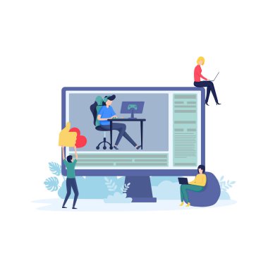 Vektör illüstrasyonu, oyun akışı, erkek oyuncu oyunları ve yorumları oyun süreci, siber spor yayını, popüler video içeriği, canlı yayında izleyici grubu ve eleştirmenler.