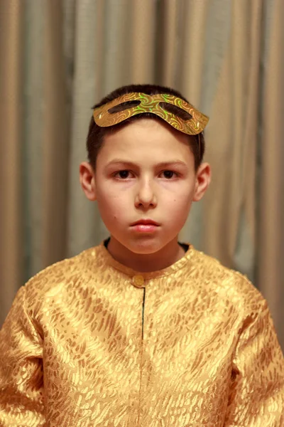 Portrait Sad Boy Gold Fancy Dresst Mask — Stock Photo, Image