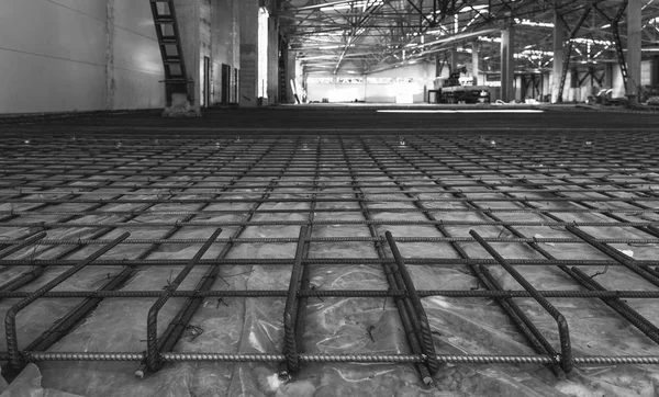 Reinforcement Frame Floor Prepared Pouring Concrete Industrial Room Black White — Stock Photo, Image