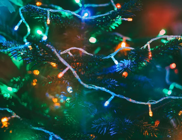 Feestelijke Achtergrond Veelkleurige Kerstverlichting Nieuwjaar Boom — Stockfoto