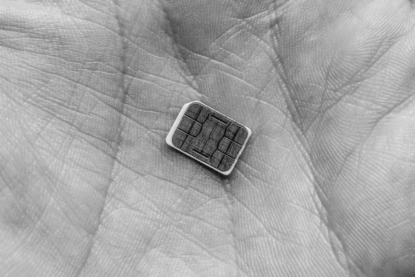 Nano Sim Card Palm Man Top View Black White Photo — Stock Photo, Image