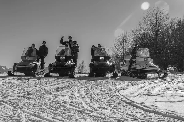 Adygea Russia January 2017 Young Happy Men Women Children Snowmobiles — Stock Photo, Image