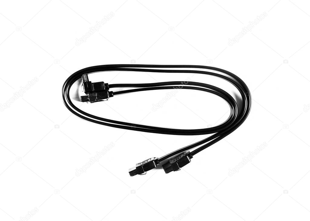 black computer cable SATA 6Gbs isolated on white background closeup top view
