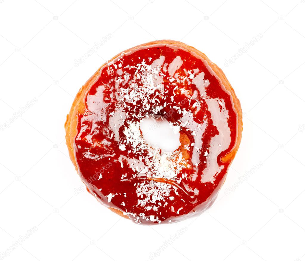 donut in caramel glaze isolated on white background closeup, top view