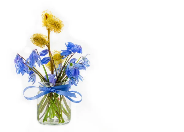 Bouquet Cloche Bleue Brin Saule Fleuri Dans Bocal Verre Avec — Photo