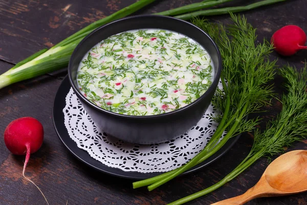 Russian Summer Cold Soup Okroshka Greens Vegetables Kvass Kefir Black — Stock Photo, Image