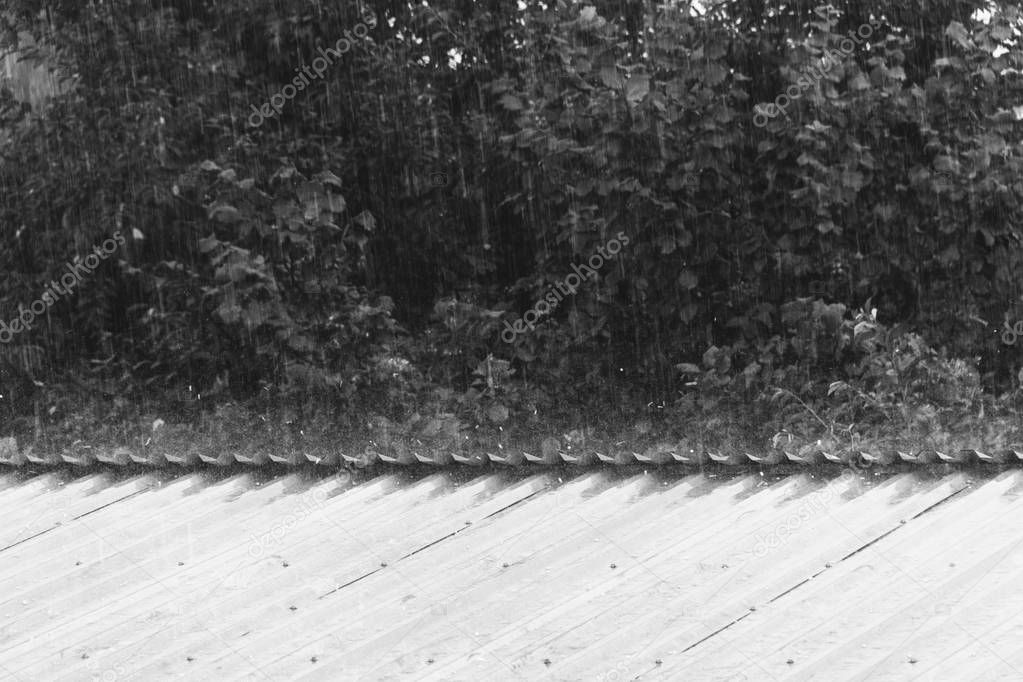 summer or spring rain with hail knocking on the metal roof, black and white photo