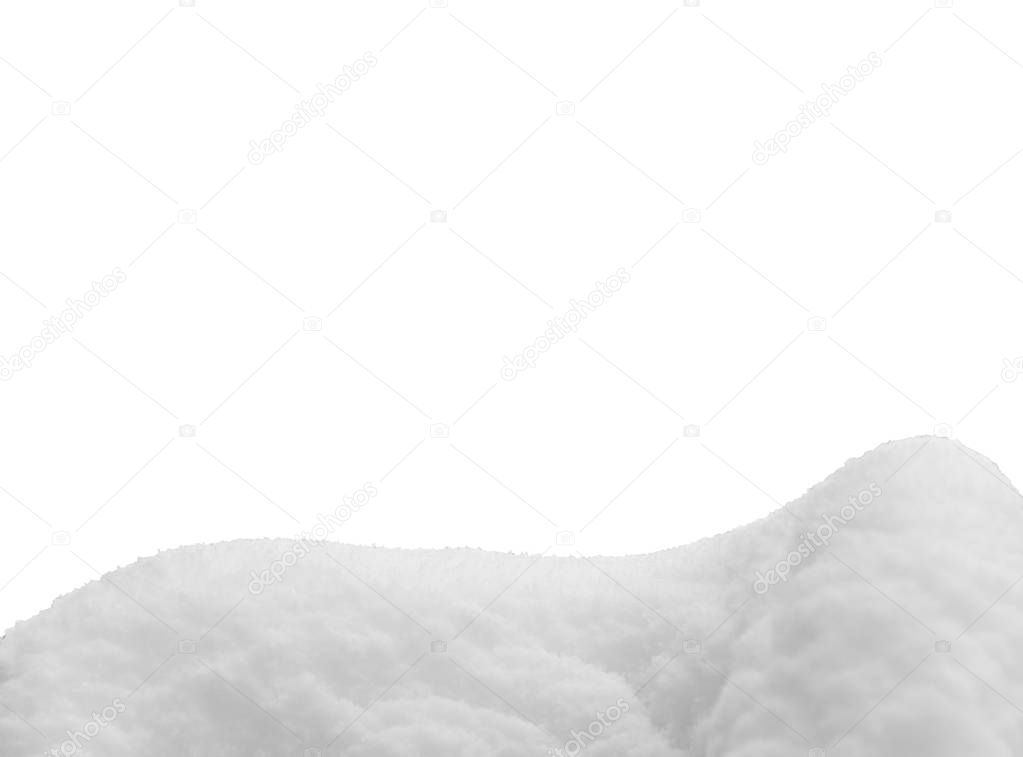 monochrome black and white snowdrift isolated on white background close-up with copy space