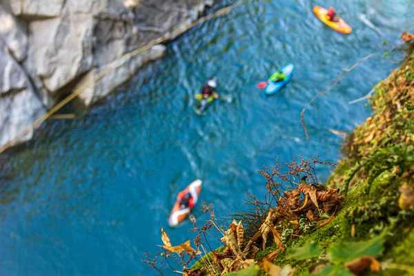 Group Kayakers Canyon Mountain River Fall Low Depth Field — Stock Photo, Image