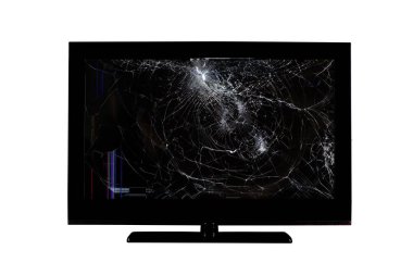 beyaz bir arka plan üzerinde izole sıvı kristal ekran, bilgisayar monitörü veya full hd televizyon kırık bir ekranda renkli çizgiler ve çatlaklar