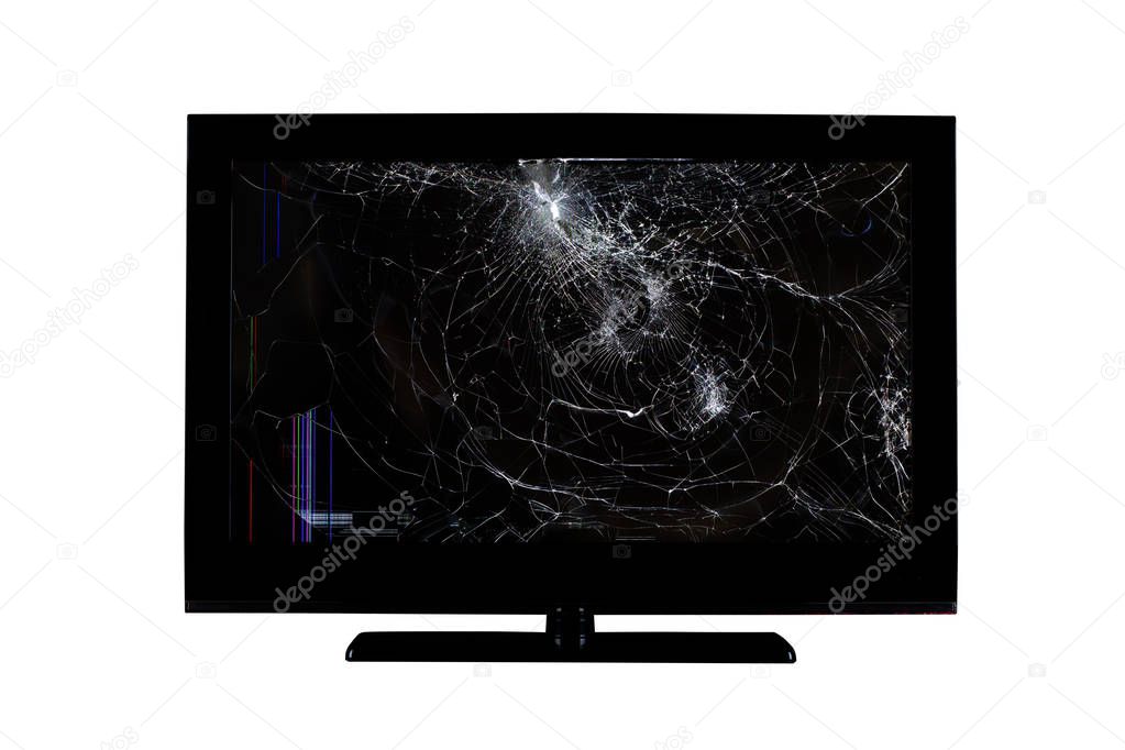 colored stripes and cracks on a broken screen of a liquid crystal display, computer monitor or full hd television isolated on a white background