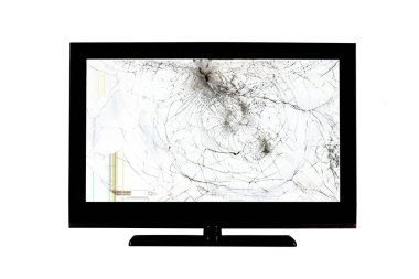 beyaz bir arka plan üzerinde izole sıvı kristal ekran, bilgisayar monitörü veya full hd televizyon siyah kırık ekranda renkli çizgiler ve çatlaklar