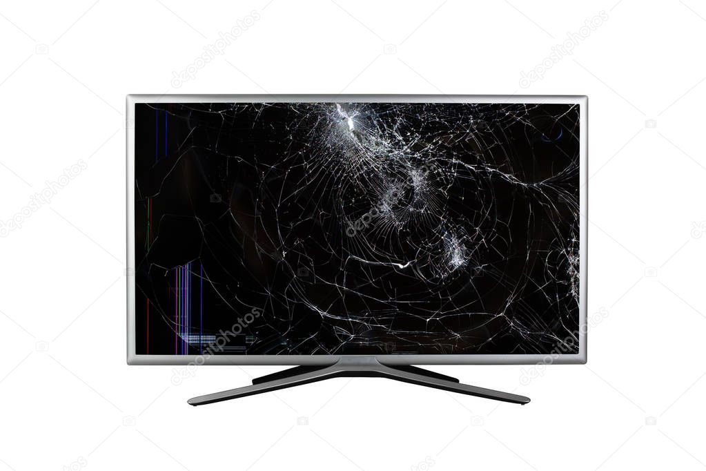 colored stripes and cracks on a broken screen of a liquid crystal display, computer monitor or 4K monitor or TV television isolated on a white background