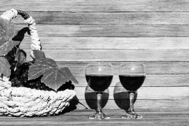 Güneşli bir günde, bir sepet kırmızı şarap ve bir sepet üzüm. Mekanın bir kopyası, siyah beyaz fotoğraf.