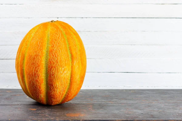 Large Ripe Yellow Melon Black Wooden Table White Background Copy — Stock Photo, Image