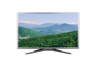 4K monitörü ya da TV beyaz arkaplanda izole edilmiş bir yaz ya da bahar dağ manzaralı