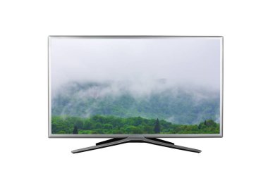 4K monitör ya da televizyon beyaz arkaplanda izole edilmiş ekranda bahar ya da yaz bulutlu bir manzara