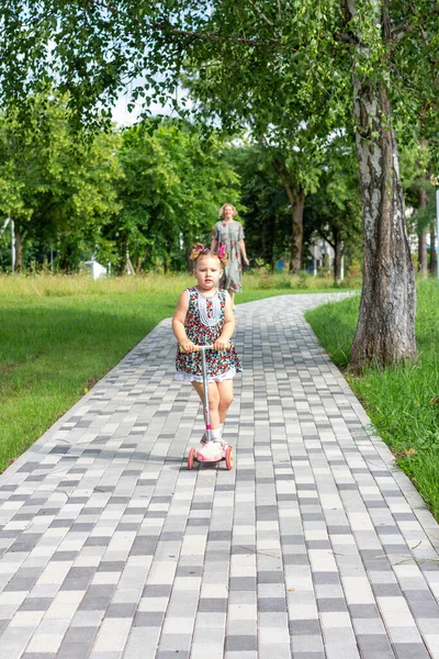 Маленькая Девочка Катается Скутере Дорожке Парке Солнечный Летний День — стоковое фото