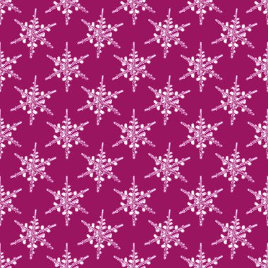 Kar taneleriyle Noel çizimi. Kiraz rengi arka planda beyaz kar taneleri olan pürüzsüz desen.