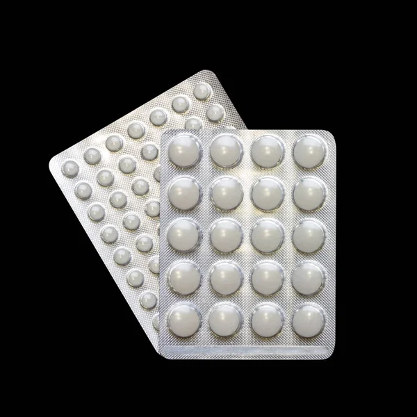 Blistry Bílými Tabletami Zavřít Horní Pohled Izolované Černém Pozadí — Stock fotografie