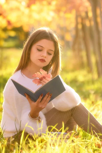 Dívka Knihou Posezení Přírodě Spadlý List Ruce — Stock fotografie