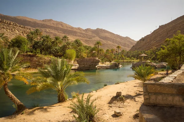 Muhteşem göl ve oasis Omani çölde palmiye ağaçları (Wadi Bani Khalid) ile