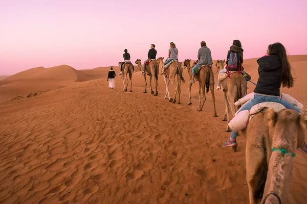 Bidiyah Omán Noviembre 2018 Grupo Turistas Monta Dromedarios Amanecer Las — Foto de Stock