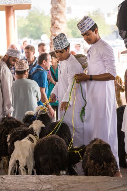 Nizwa, Umman - 2 Kasım 2018: Çocuklar keçi Nizwa hayvan pazarında getirmek