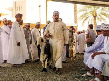 Nizwa, Umman - 2 Kasım 2018: Omani adam Nizwa hayvan pazarında açık artırma için bir koyun gösterir