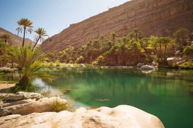 İçinde inanılmaz göl ve oasis palmiye ağaçları (Wadi Bani Khalid) ile