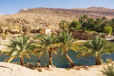 İçinde inanılmaz göl ve oasis palmiye ağaçları (Wadi Bani Khalid) ile