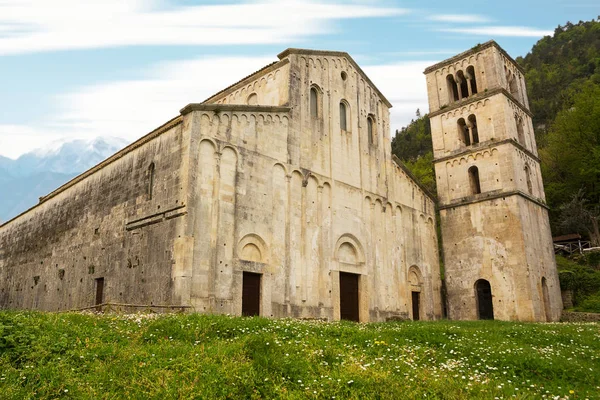 Facade and bell tower of the ancient Abbey of San Liberatore a M — Stock Photo, Image