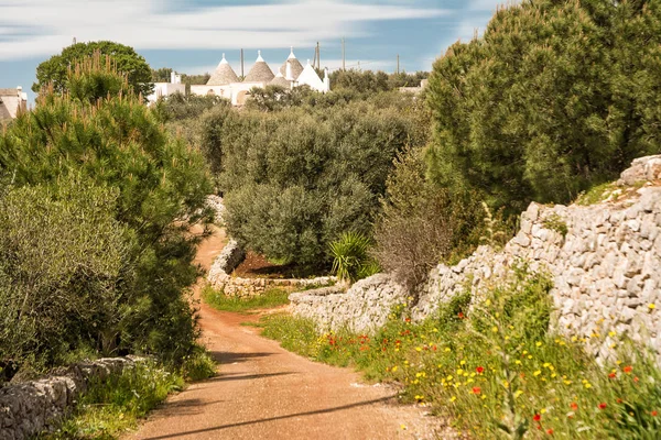 Backgrou taş duvarlar ve trulli ile Apulian ülke yol