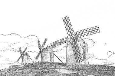 Tepede mavi gökyüzü ve beyaz bulutlu (İspanya) Consuegra 'nın üç yel değirmeni.