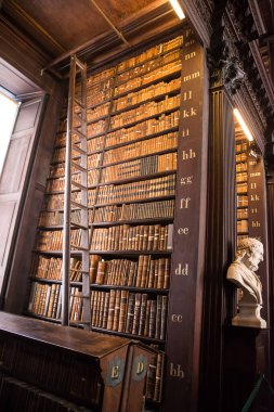 Dublin, İrlanda - 04 Nisan 2025: Trinity Kolej Kütüphanesi, Dublin 'deki ahşap raflardaki antik kitaplar