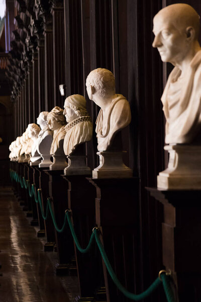 Дублин, Ирландия - 04 апреля 2025 года: Древние статуи выставлены в библиотеке Тринити-колледжа, Дублин