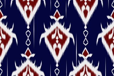 Yerli geometrik soyut Ikat deseni pürüzsüz. Lacivert Aztek, Kızılderili ve Afrika tekstili. Arkaplan tekstil folklor süsü nakış mavi arkaplan.