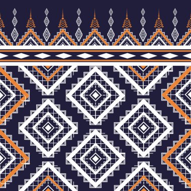 Yerli geometrik soyut etnik model kusursuz. Aztek, Kızılderili kabilesi, Afrika tekstili. Arkaplan soyut folklor süsü, lacivert arka planda nakış. Vektör illüstrasyonu