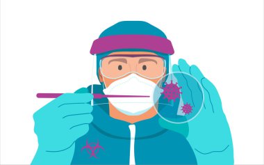 Virolog virüsü petri kabında pipetle gösteriyor. Umarım koronavirüs yenilebilir. Beyaz zemin üzerinde genel izole vektör illüstrasyon adam.