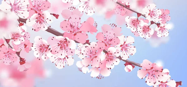 夏の風景ベクトルイラスト ピンクの桜とヴィンテージリアルな招待テンプレート 花のグリーティングカード 青空に濃くて薄い桜の花が咲く美しいプリント — ストックベクタ