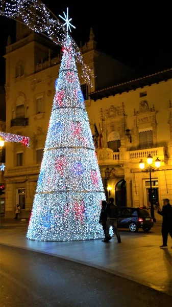 Arbolito Navidad Puerta Del Sol Castellon Albero Natale Illuminato Notte — Foto Stock