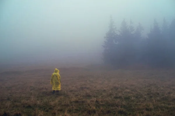 Unrecognizable Person Raincoat Misty Landscape Carpathian Mountains Ukraine — Stock Photo, Image