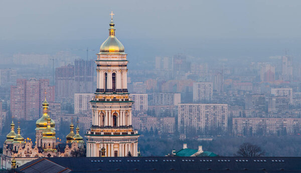 Aerial view of cityscape with Kiev Pechersk Lavra in Kyiv, Ukraine