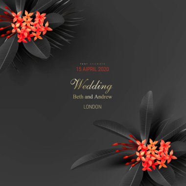 Tropikal siyah yaprakları ve egzotik kırmızı çiçek