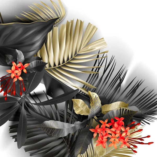 Feuilles tropicales noires et dorées sur fond blanc — Image vectorielle