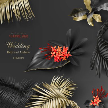 Koyu arka planda tropikal siyah ve altın yaprakları