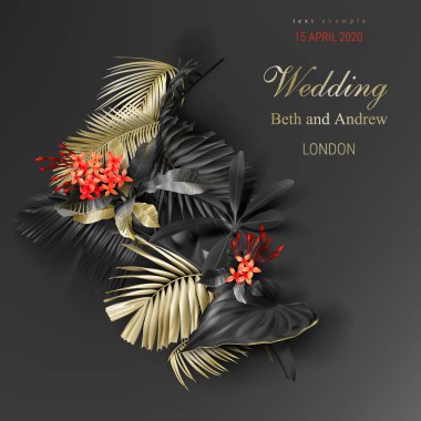 Koyu arka planda tropikal siyah ve altın yaprakları