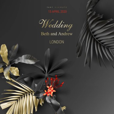 Koyu arka planda tropikal siyah ve altın yaprakları