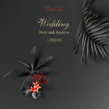 Tropikal siyah yaprakları ve egzotik kırmızı çiçek