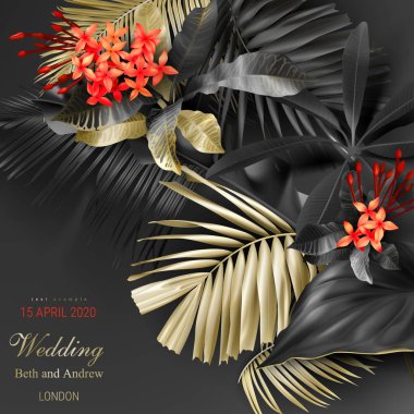 Koyu arka planda tropikal siyah ve altın yaprakları